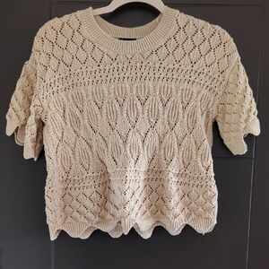 Splendid Beige Crew Neck Sweater with Intricate Knit Design